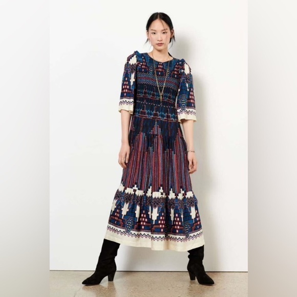 ba&sh Blue and White Smocked Mandie Midi Dress XS - Picture 9 of 16